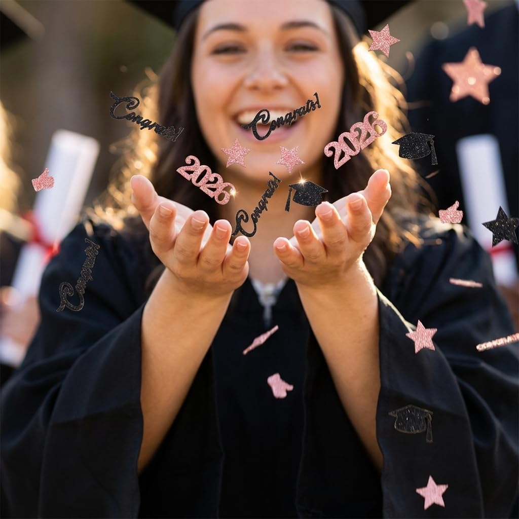 Pink and Black Graduation Confetti, 200 Pcs Glitter Graduation Table Decorations 2026 for Grad Party Graduation Table Decorations