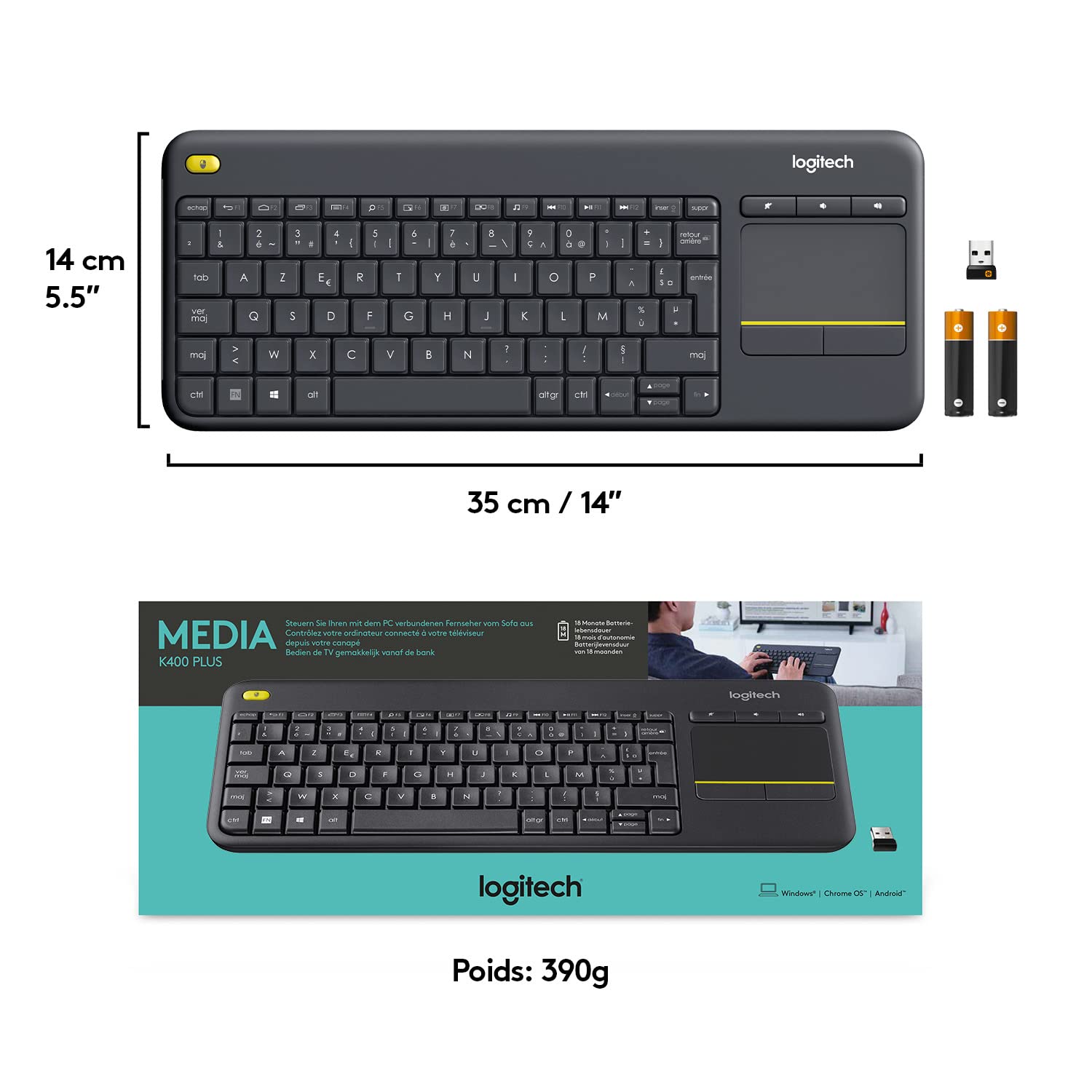 Logitech K400 Plus Clavier sans Fil Touch TV avec Contrôle Média et Pavé Tactile, Clavier Francais AZERTY - Noir, Standard