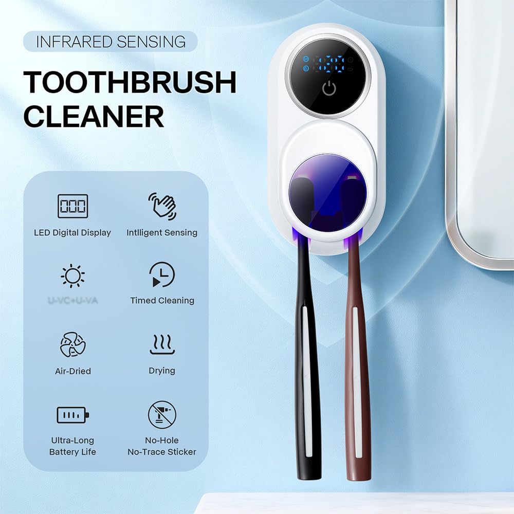 Esterilizador de cepillo de dientes de pantalla inteligente LED mejorado, soporte limpiador de cepillos de dientes con cubierta autoinductiva, caja de cepillo de dientes de secado y limpieza para el