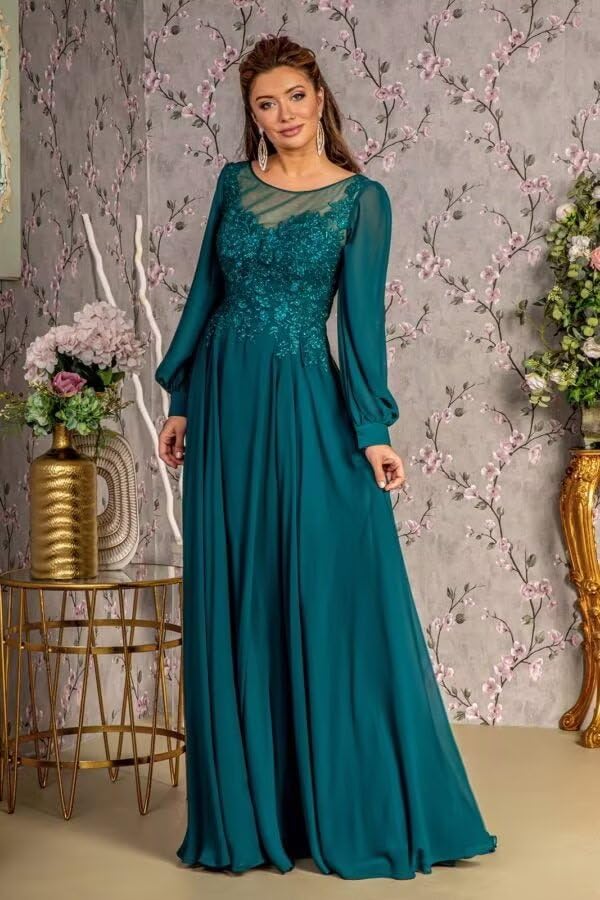 Long Sleeve Mother of Bride Dresses for Women Chiffon Lace Applique Mother of The Groom Dress for Wedding ZXLM0033