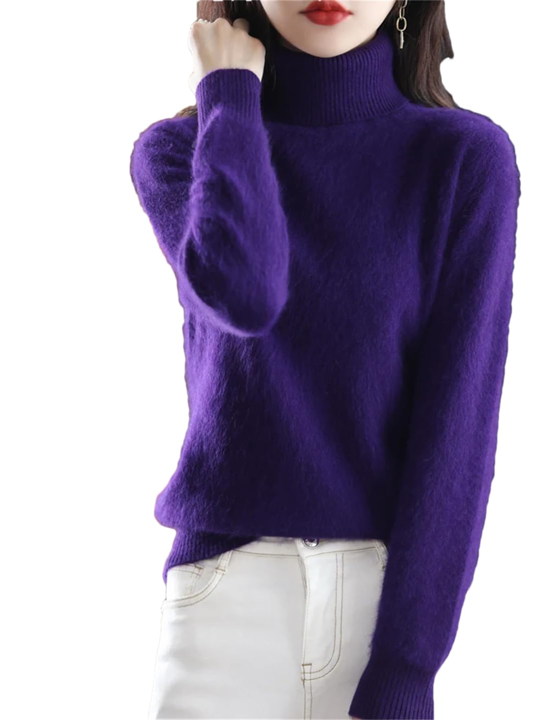 Damski sweter z golfem w jednolitym kolorze, wąski, miękki, ciepły, długi rękaw, FIOLETOWY, XL