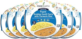 Food Earth Ready to Eat Indian Meal – Bombay Lentil Curry with Turmeric Rice – Organic, Vegan, Gluten-Free, GMO-Free, Plant-Based – Microwavable – 10.58 oz Each – Pack of 6