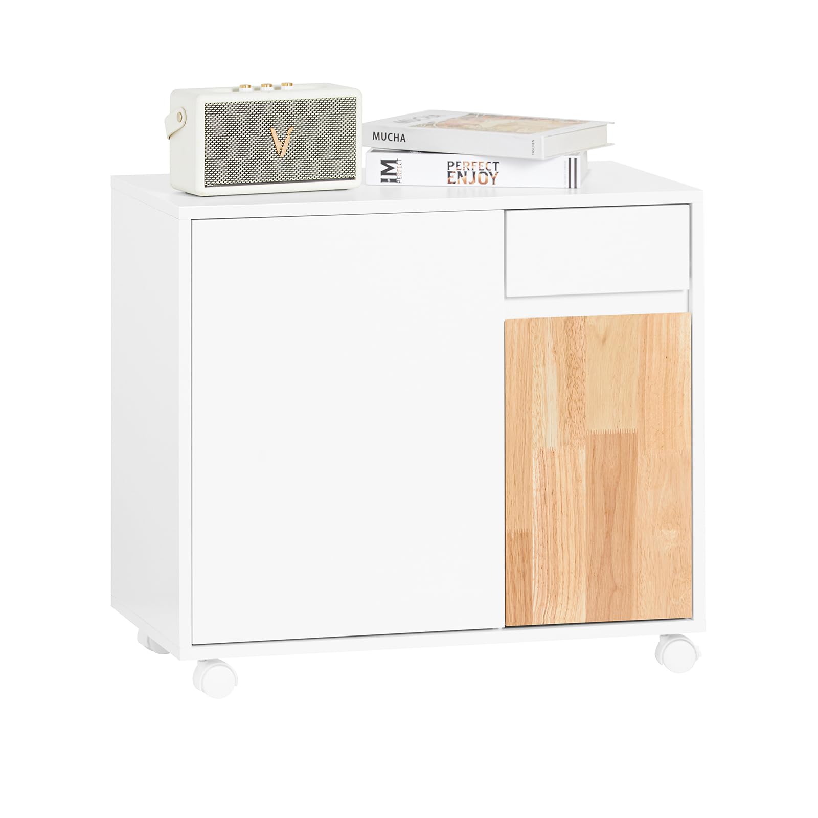 SoBuy Carrello da ufficio Carrello Portaoggetti con Cassetto Tavolino stampante Bianco-Naturale 65x35x58cm ASK04-WN