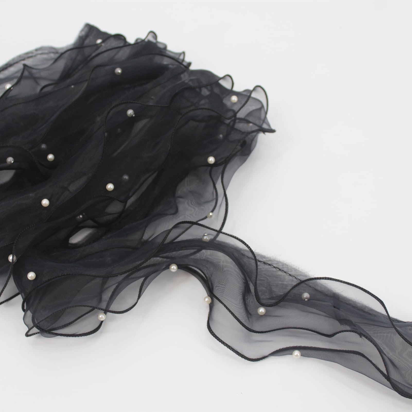 SUNMOVE 2 Yards Pearl Trim Organza Lace Ribbon Ruffles Beaded Lace Edge Trim Wedding Dress Bridal Ribbon Sew On Applique Cloth Bag Hat Dress Decoration (Black,2 Yards)