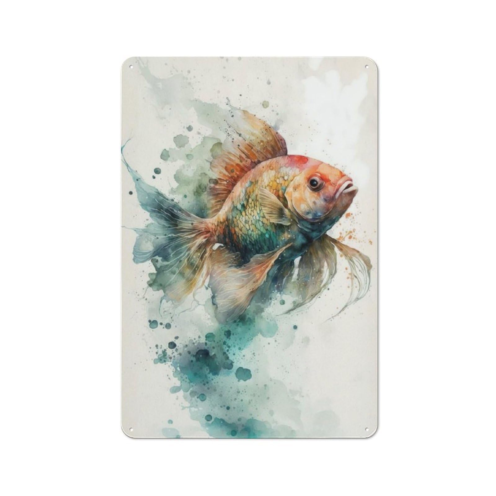 Fish Watercolor Tin Sign 30x20cm for Hallway Wall, Vintage Wall Decor, for Kitchen, Dining Room And Home Bar Wall Decor