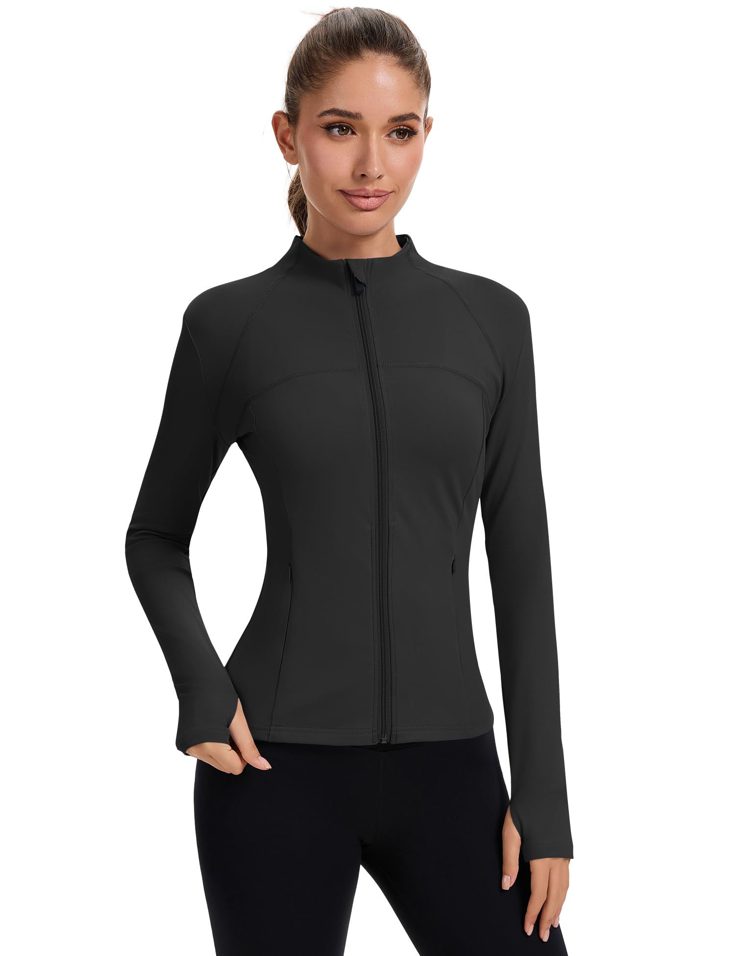 Chaqueta deportiva para mujer, chaqueta de manga larga, deportiva, camiseta de gimnasio, yoga, fitness, parte superior, ligera, con orificio para el pulgar y bolsillos