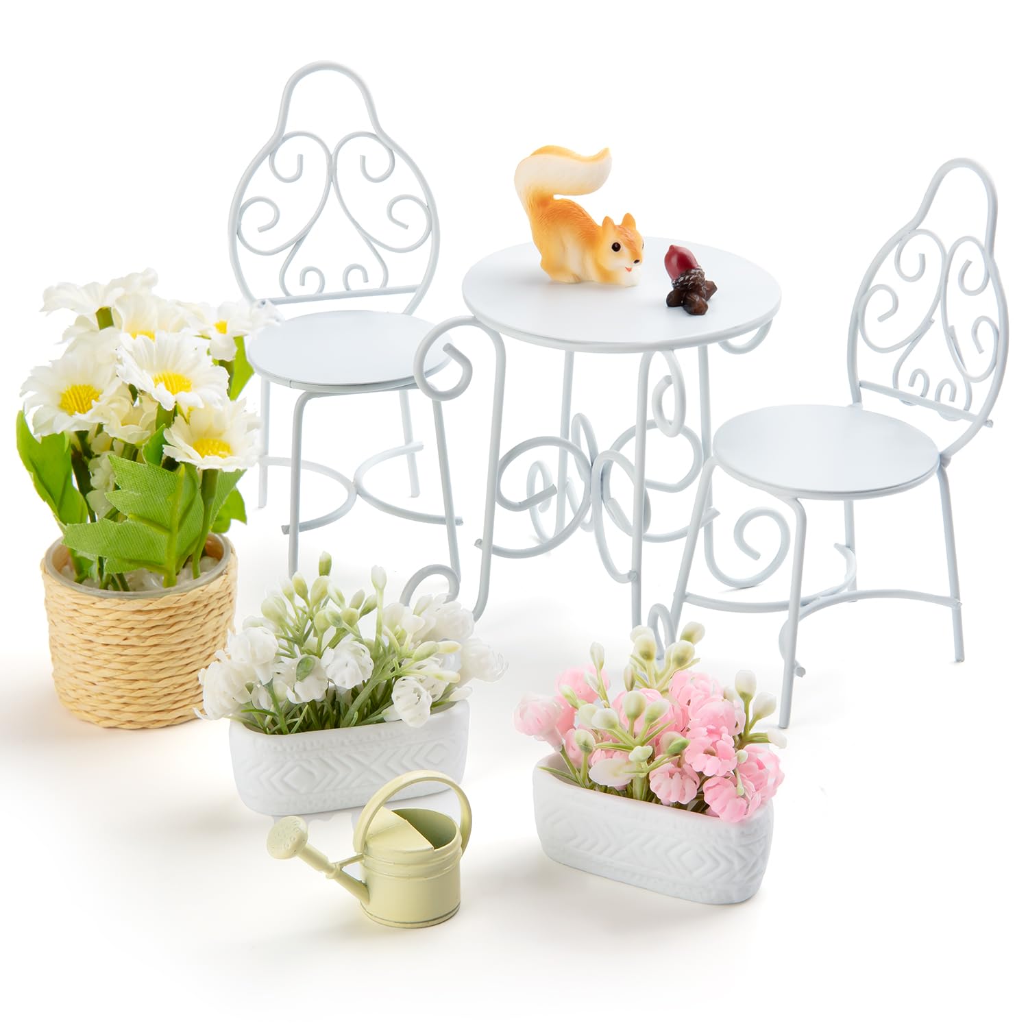 Minamzee 1/12 Scale Dollhouse Table Chair Sets, 9Pcs Metal Miniature Patio Sets, Dollhouse Fairy Garden Bistro Outdoor Furniture Accessories with Jasmine, Daisies, Squirrel and Kettle