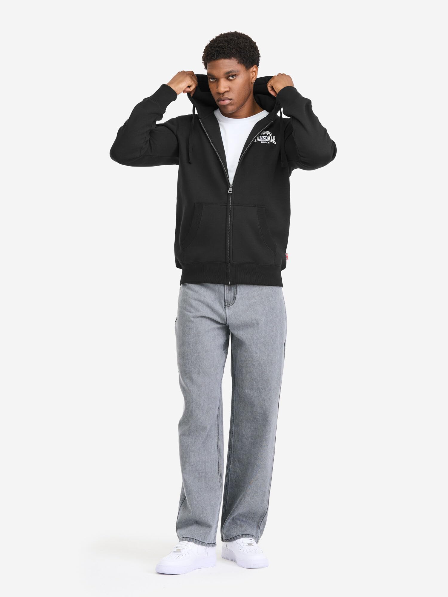 Lonsdale Męska bluza z kapturem z zamkiem błyskawicznym, normalny krój, RotherhITHE, czarno-biała, 3XL
