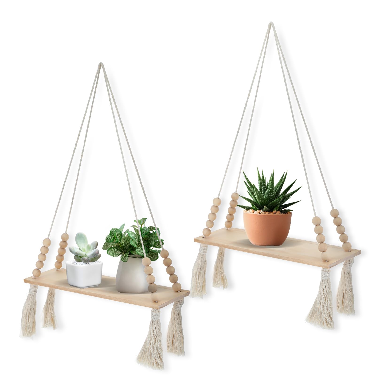 2 Pcs Wooden Wall Hanging Shelves, Macrame Hanging Plant Shelf with Tassel,Boho Storage Floating Shelves Handmade Rustic Hanger Planter Rack Pot Stand