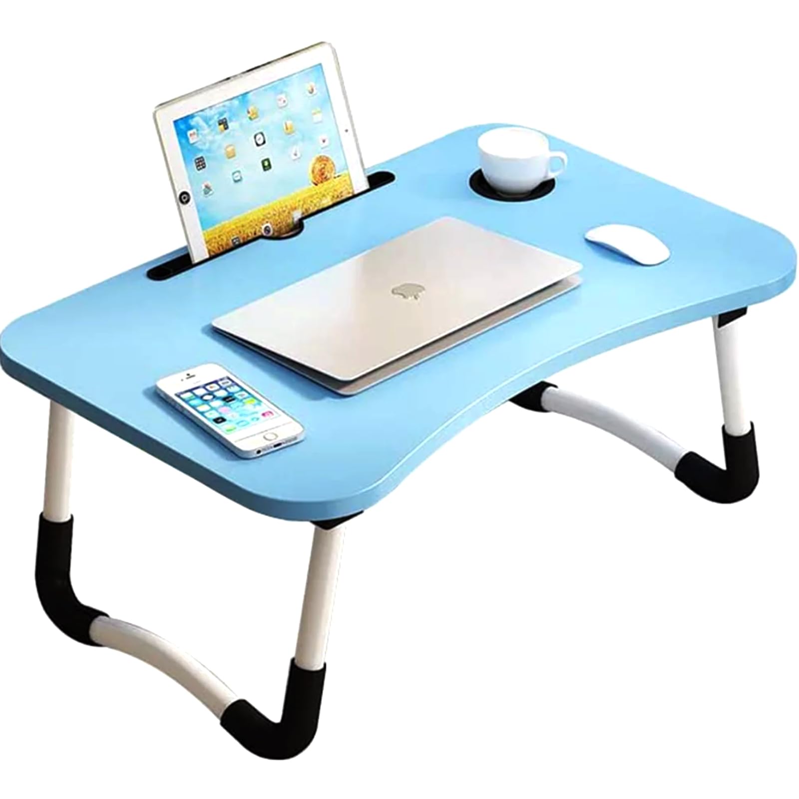 Ntek Blue Laptop Bed Table | Portable Standing Desk With Foldable Legs & Cup Slot | Notebook Table For Laptop, Eating, Reading, Watching Movie On Bed/Sofa (Blue)