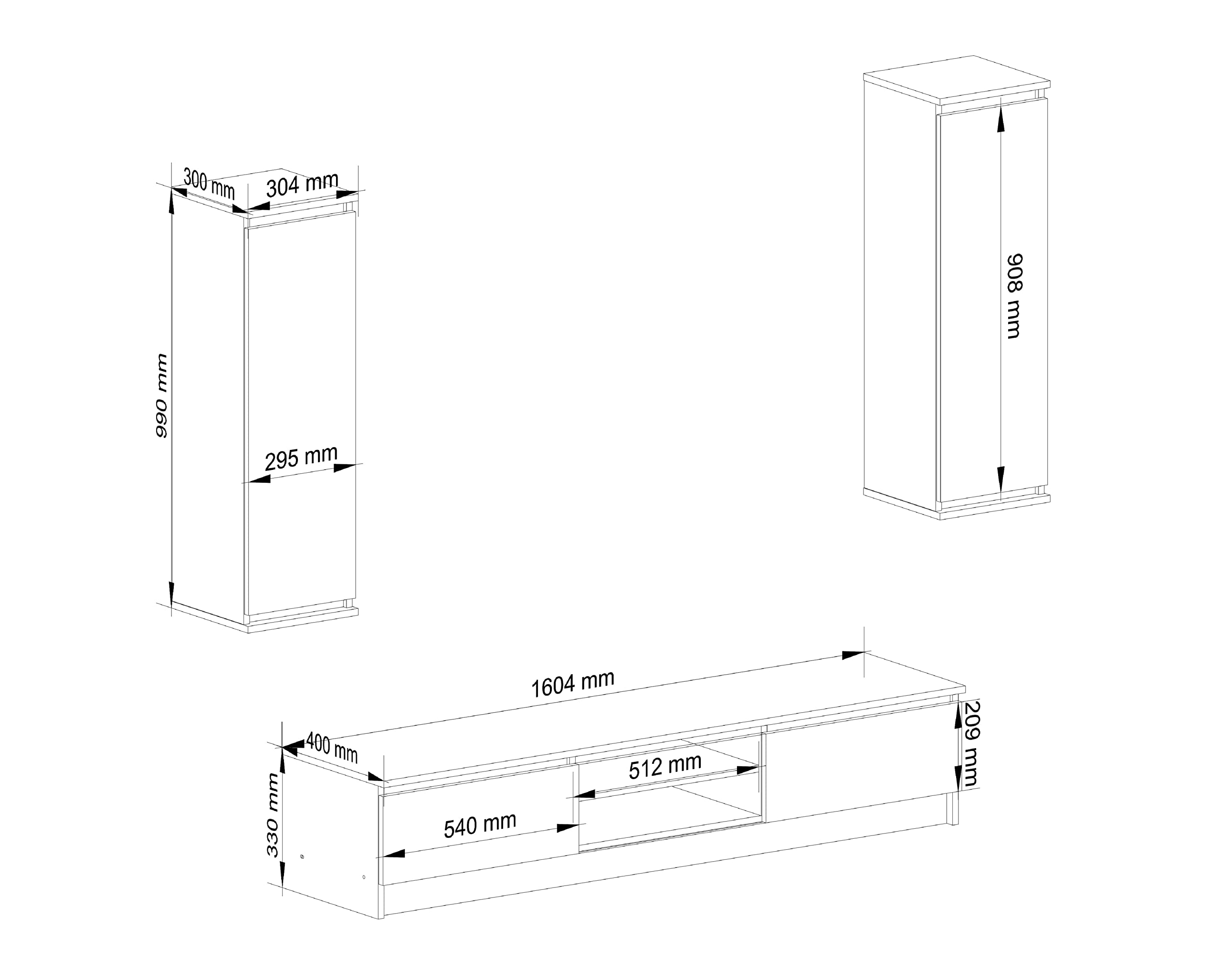AKORD | Set di mobili 2 Armadi a muro e Mobile per TV | Mobiletto Porta Televisione Soggiorno | Set di Mobili da Salotto Camera da Letto | Piano Laminato | Moderno |Bianco
