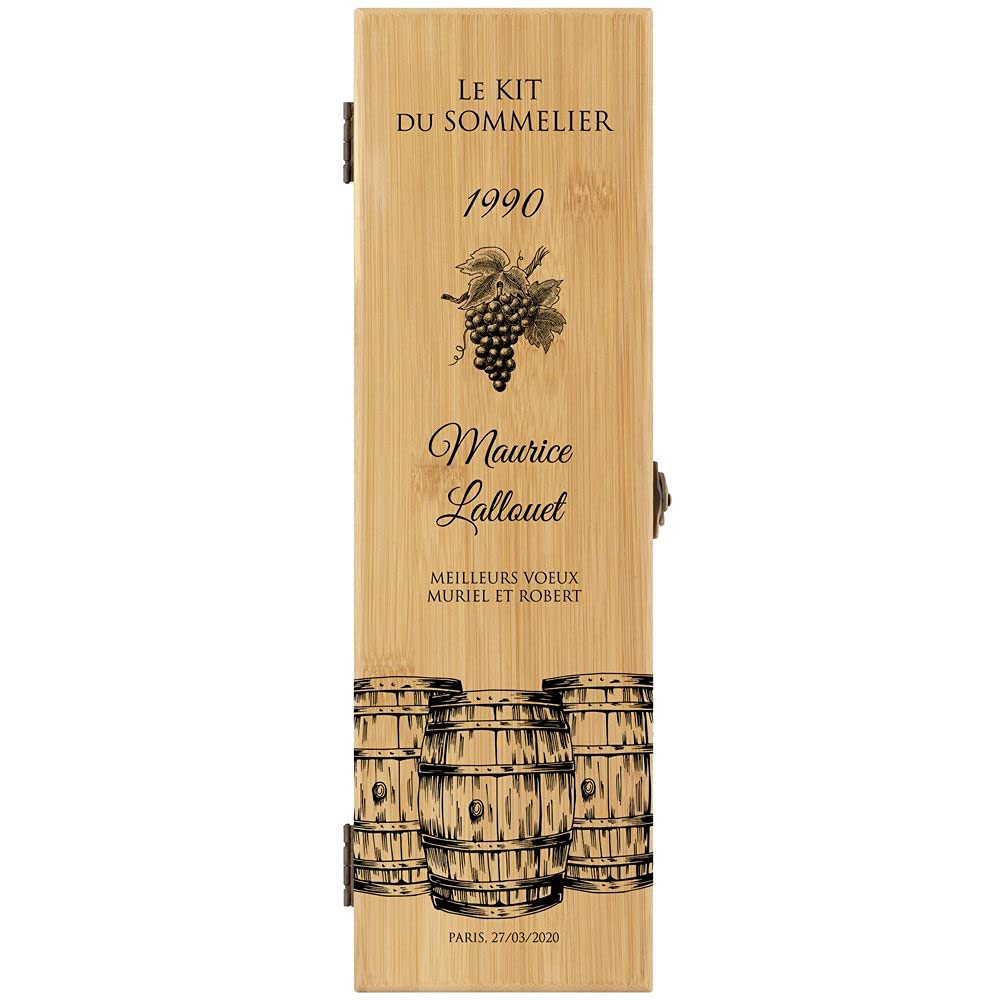 Maverton Coffret à bouteille en bambou, Cadeau d'accessoires pour le vin, Set sommelier personnalisé, Cadeau pour chaque homme - Cadeau Noel - vigne