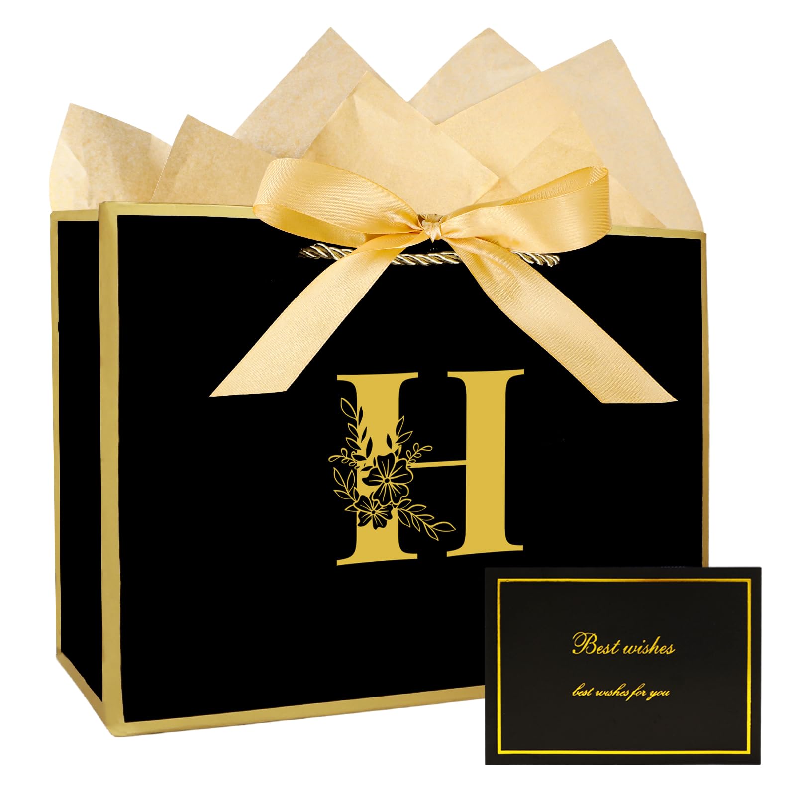 JEKUGOT Birthday Gift Bag for Men Women, Black Medium Gift Bags for Presents, Personalized Gifts Bags for Baby Shower, Weddings and Girls Birthday Party with Wrapping Paper and Card (Black H)