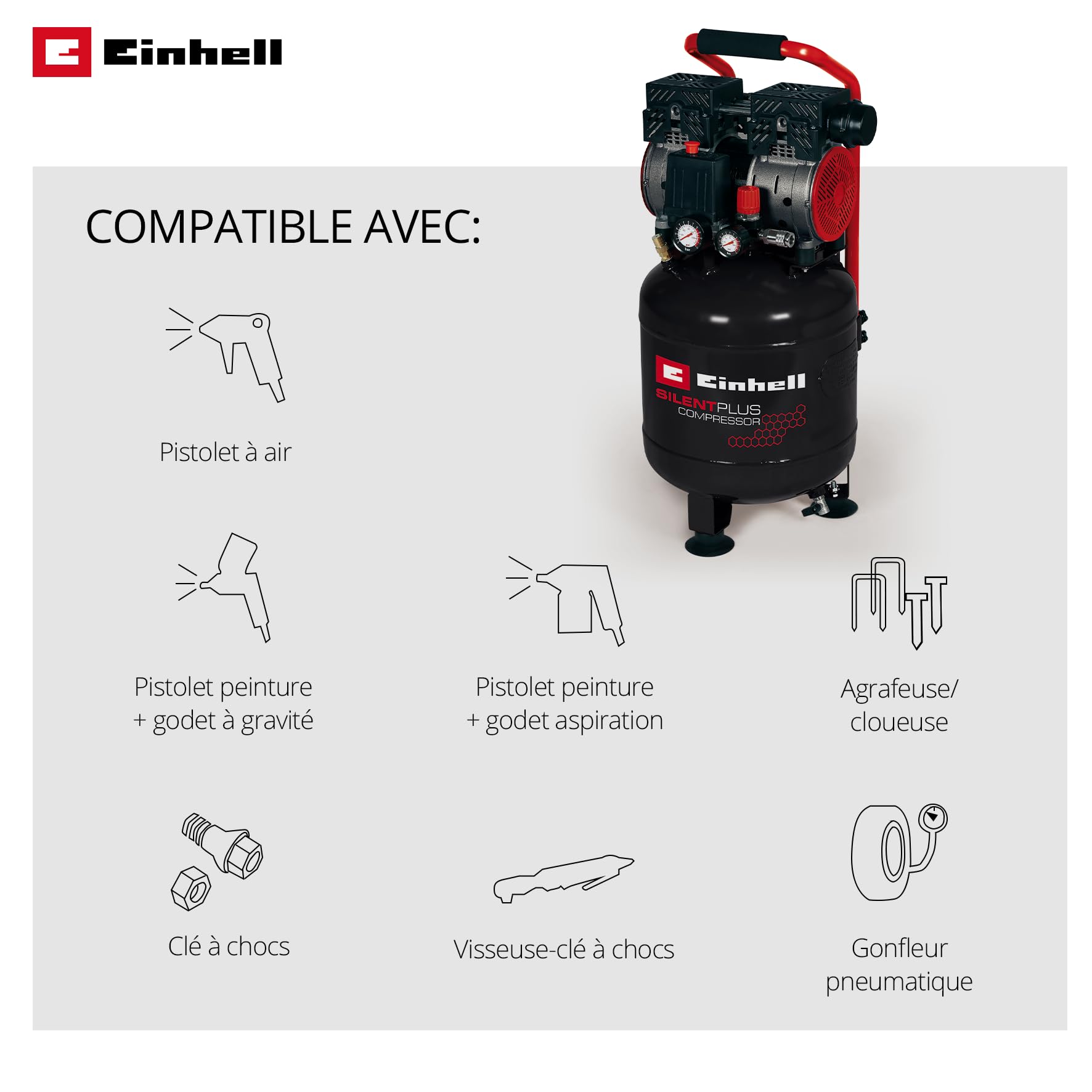 Einhell Compresseur à air silencieux TE-AC 270/50 Silent Plus (750W, Cuve de 24 L, Pression 8bar, Débit d'aspiration 135l/min, Moteur sans huile, Réducteur de pression)