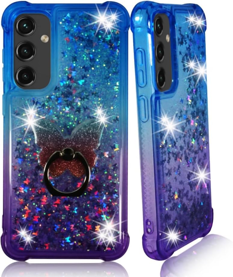 Zase Galaxy A15 5G Clear Phone Case Liquid Glitter Sparkly Cute Floating 3D Butterflies Bling Design for Samsung A15 Shockproof Waterfall Quicksand w/