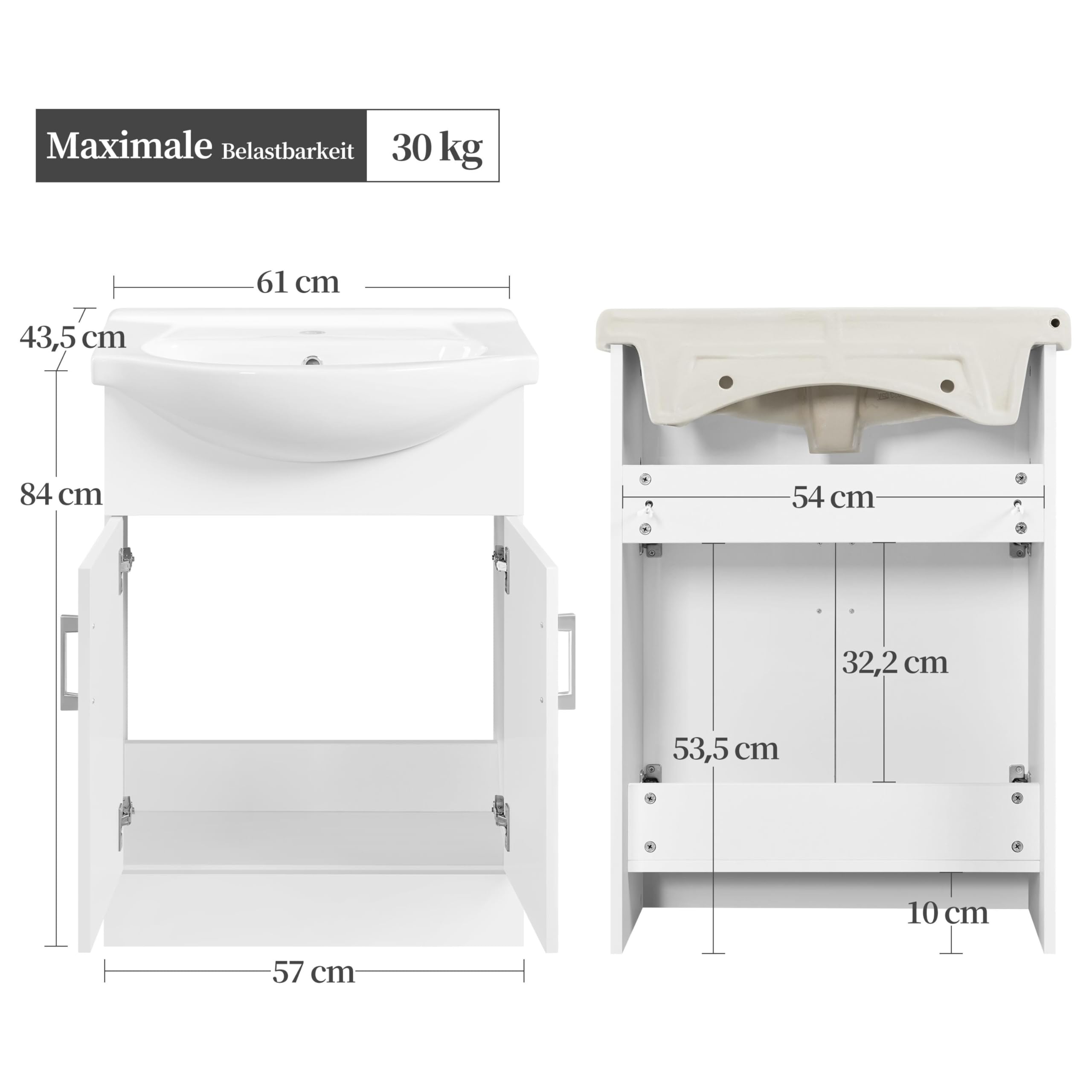 Yaheetech Waschbeckenunterschrank Badezimmerschrank Unterschrank mit Waschbecken Badmöbel 2er Set Badschrank Standschrank mit 2 Türen Waschtischunterbau Keramikbecken Hochglanz, 61 x 43,5 x 84 cm