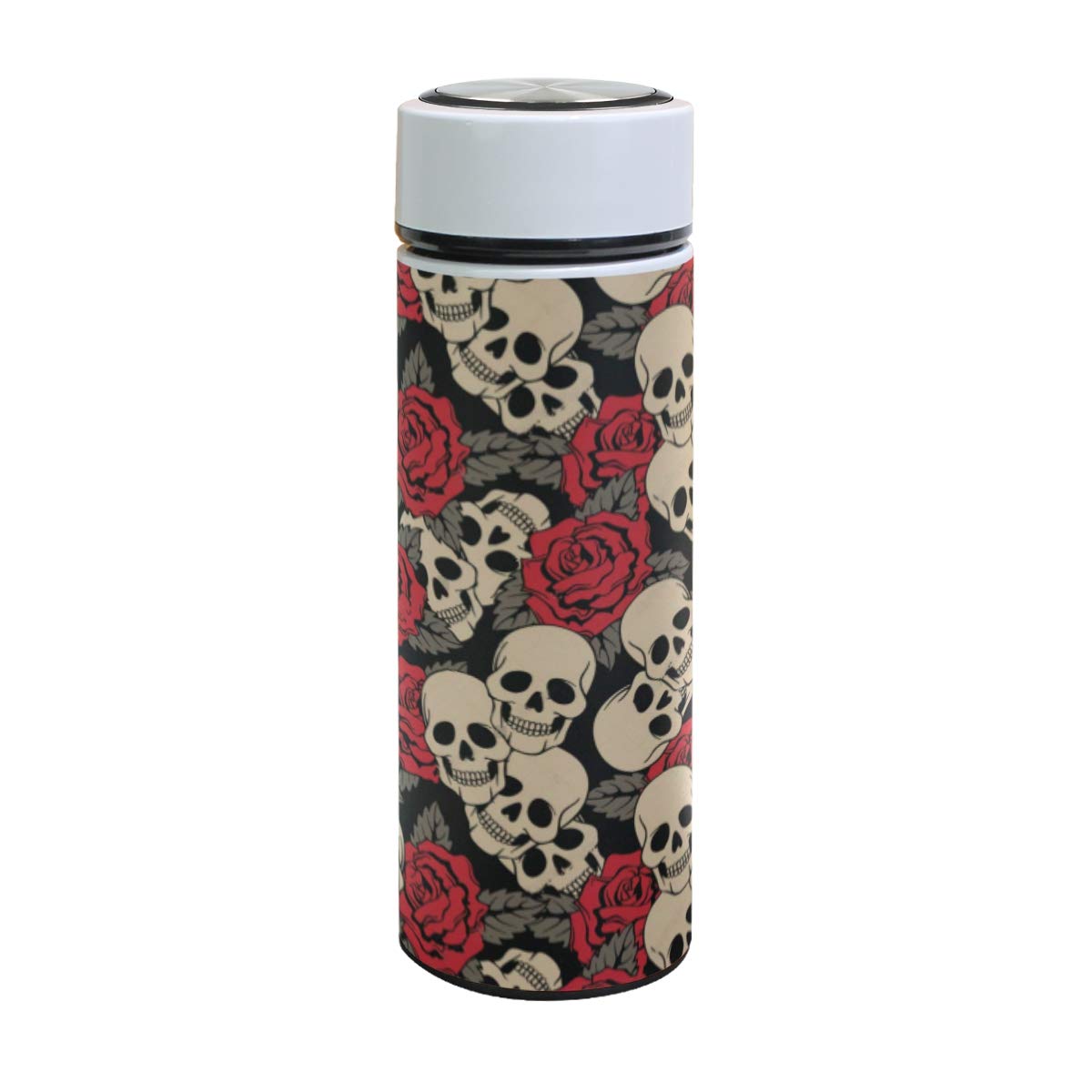 SLHFPX Insulated Water Bottle Vector Seamless With Roses And Skulls Stainless Steel Vacuum Thermos Cup Leak Proof Metal Insulated Travel Coffee Mug Sports Flask 17 oz for Women Men Kids Boys Girls