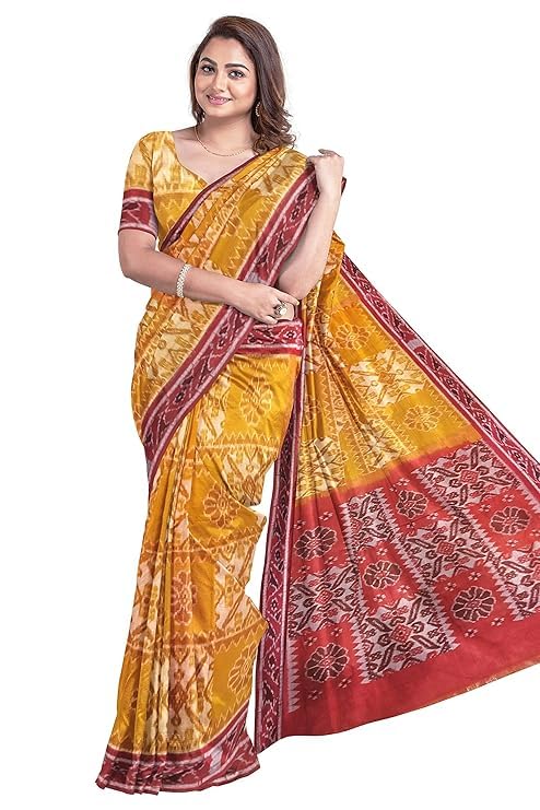 Image of Ikat Women's Cotton Saree, Handmade Pure Cotton Khandua Saree, Ikkat Orissa Traditional Handloom Saree without Blouse