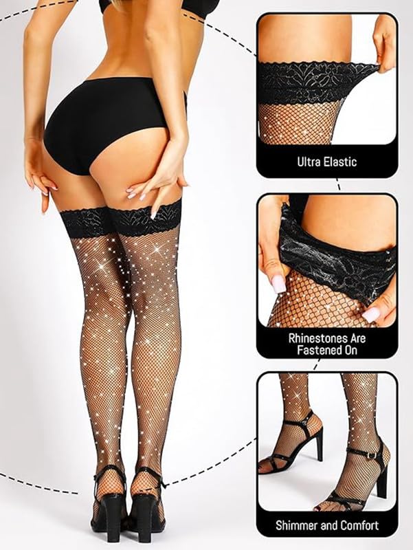 2 Pairs Rhinestone Fishnet Thigh High Stockings fow Women Sparkle Sexy Lace Top Stay Up Sheer Hosiery Pantyhose2