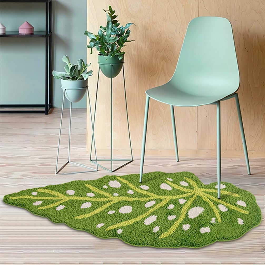 NIOKIT Green Leaf Bath Mat for Bathroom,Cute Monstera Absorbent Bathroom Rugs Soft Microfiber Plant Leaves Shower Mats Non-Slip Indoor Doormat Palm Shaped Area Rug for Bedroom,Living Room 20" x 45"