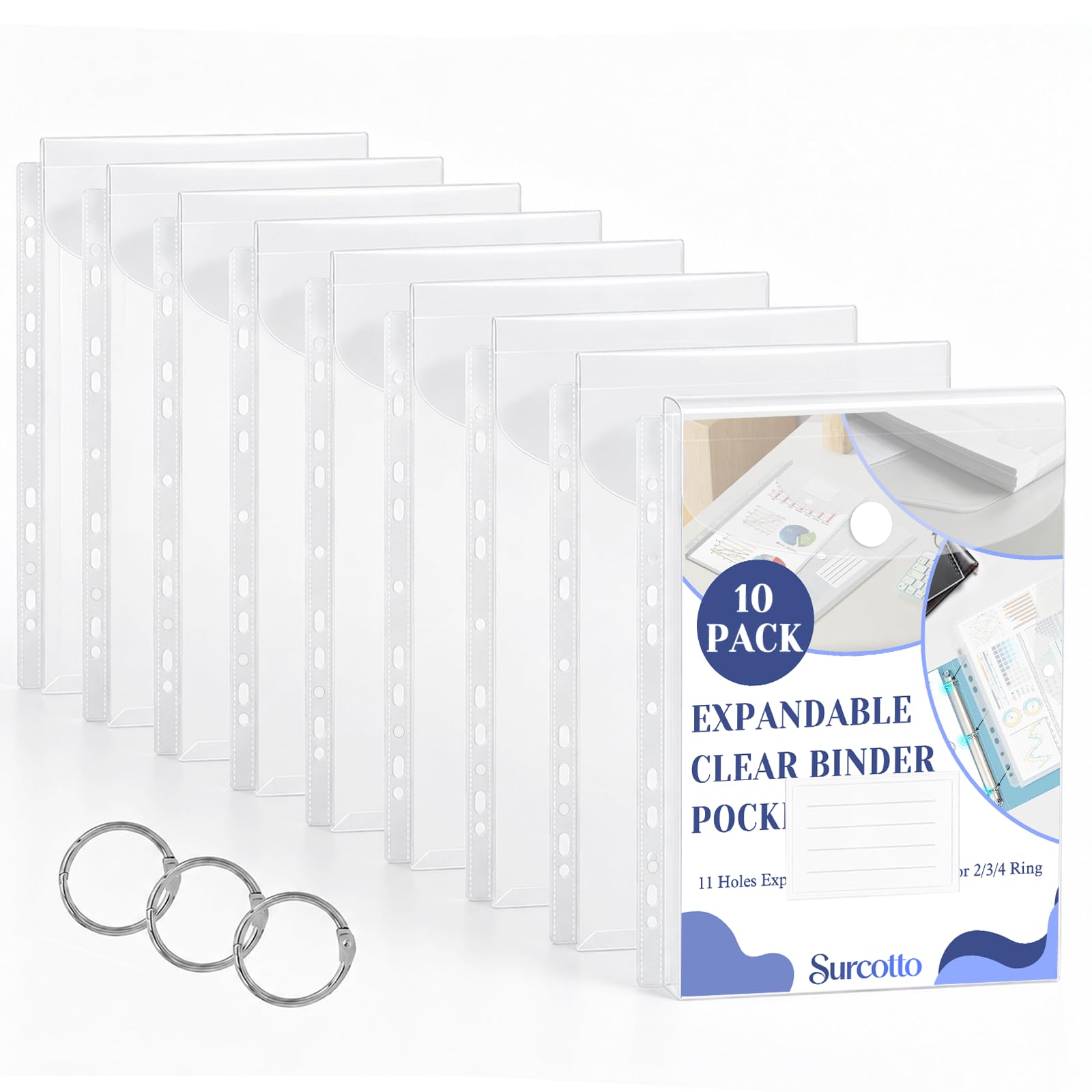 10 Pack Clear Expandable Binder Pockets, 11 Holes Plastic File Divider Folders, Compatible with 2/3/4 Ring Binders for School Home Office (10-V)