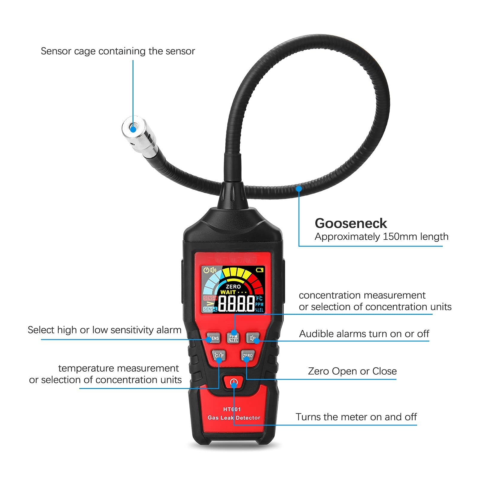 Detector de Gas Natural Detector de fugas de gas analizador de gas digital Ppm Medidor inflamable y inflamable Tester Natural Sound y alarma de luz Ht601a ht601b 9999 ppm con alta sensibilidad(HT601A)
