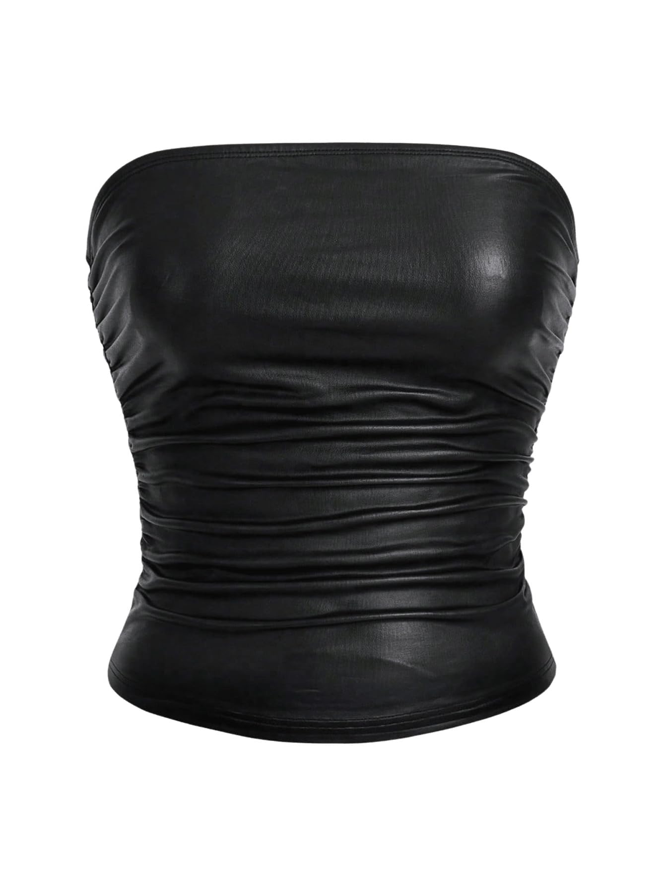 Floerns Blusa de tubo fruncida de piel sintética sin tirantes para mujer, talla grande
