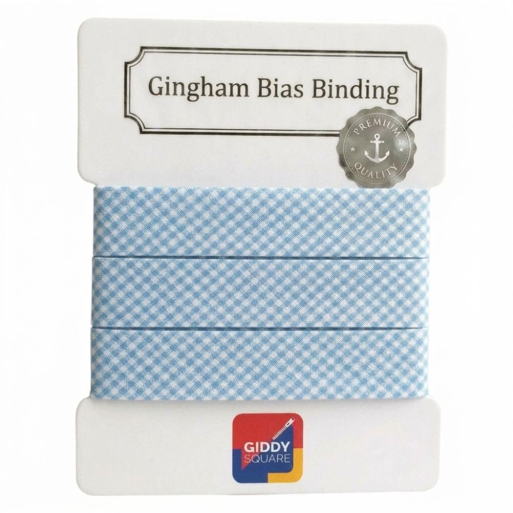 Premium Yarn Dyed Polycotton Gingham Bias Binding Tape 30mm Sky Blue Small Gingham 10m - Strong Smooth Hardwearing Woven Check Trim for Quilting, Bunting & Edging - Machine Washable - Giddy Square