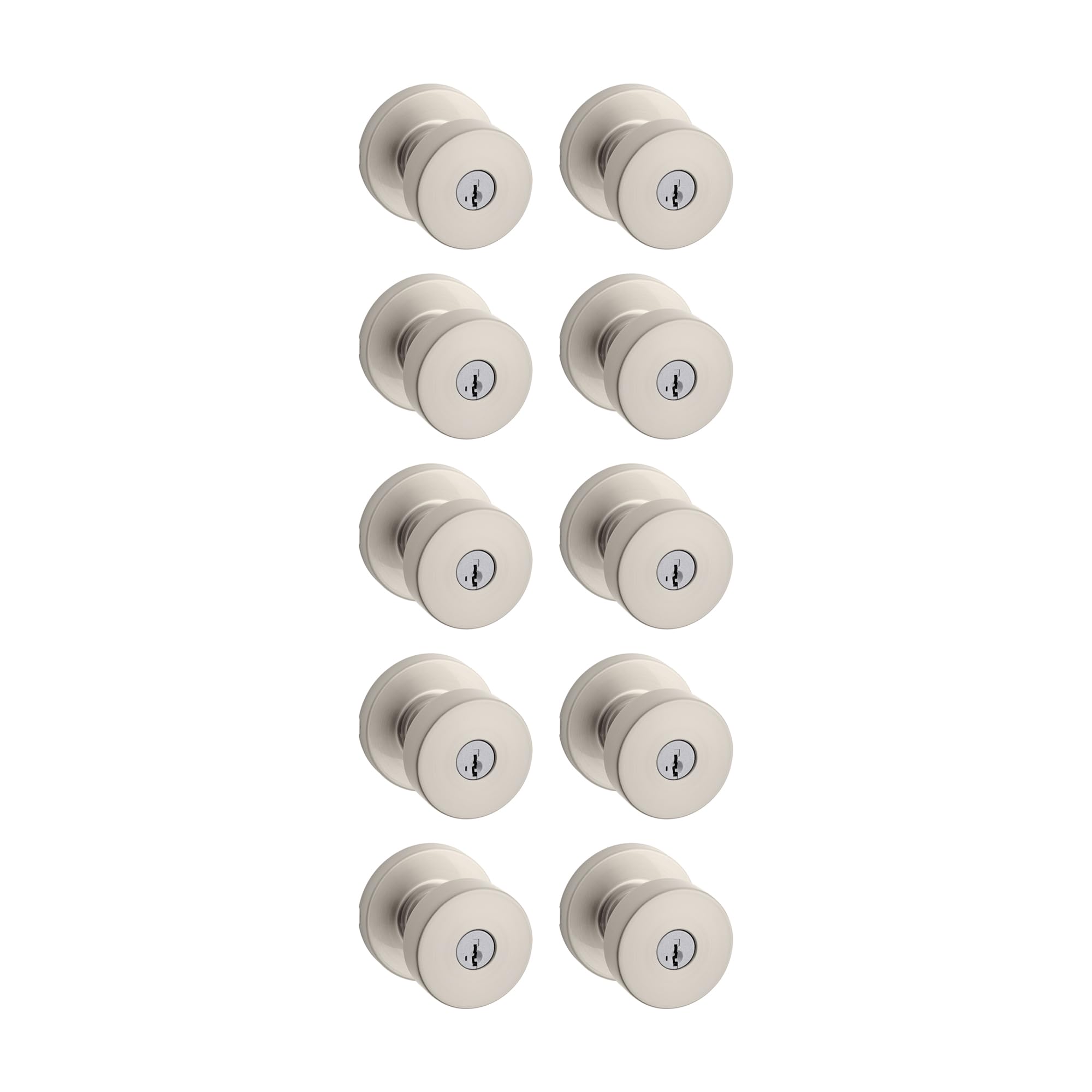 Kwikset Pismo Entry Door Knob with Lock and Key, Secure Keyed Handle Exterior, Front Entrance and Bedroom, Satin Nickel, 10 Pack, Pick Resistant SmartKey Rekey Security and Microban