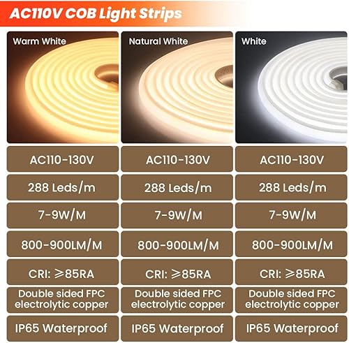 Miniatura 4 de XUNATA COB - Tira de luces LED de neón de 16.4 pies, 110 V 288 LEDsm, tira de luces LED FCOB impermeable, flexible, súper brillante, tira de neón de