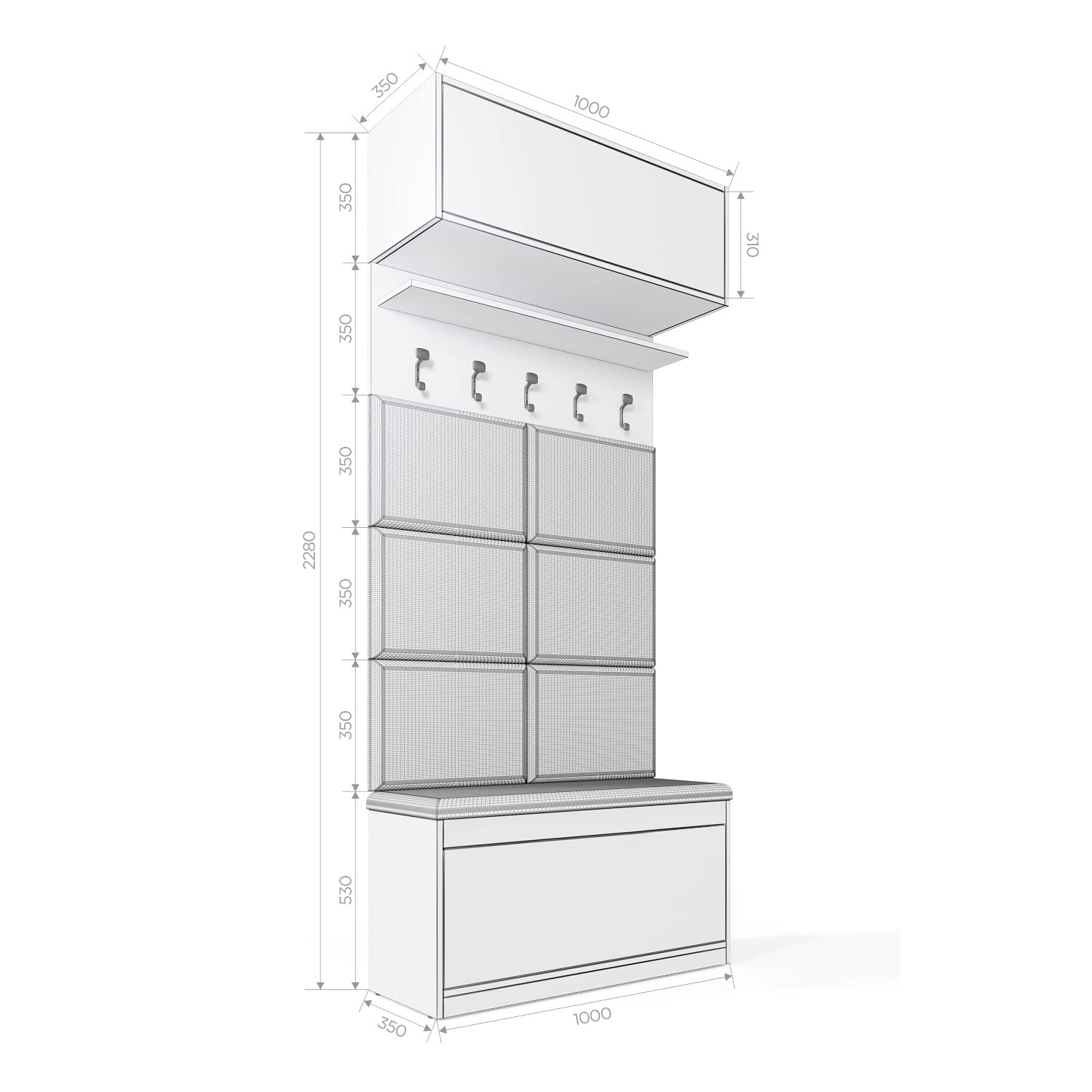 Armadio Da Corridoio 100x38x190 Cm Con Specchio, Seduta Imbottita E Ganci – Scaffale E Scarpiera Inclusi