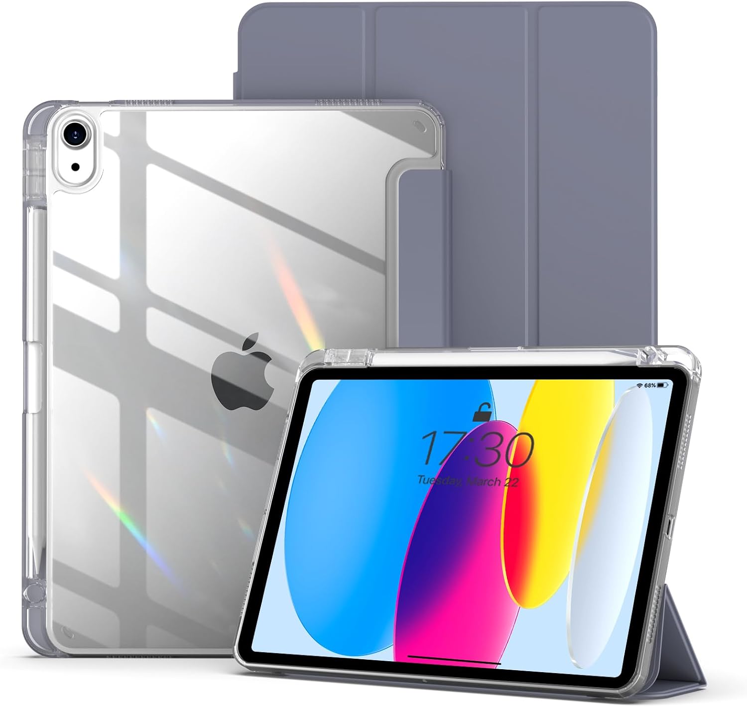aoub Hybrid Case for iPad (A16) 10th Generation 11/10.9inch 2025/2022 with Pencil Holder, Crystal Clear Hard Back Shell with Shockproof Cover, Anti-Yellow, Auto Sleep/Wake, Purple Gray