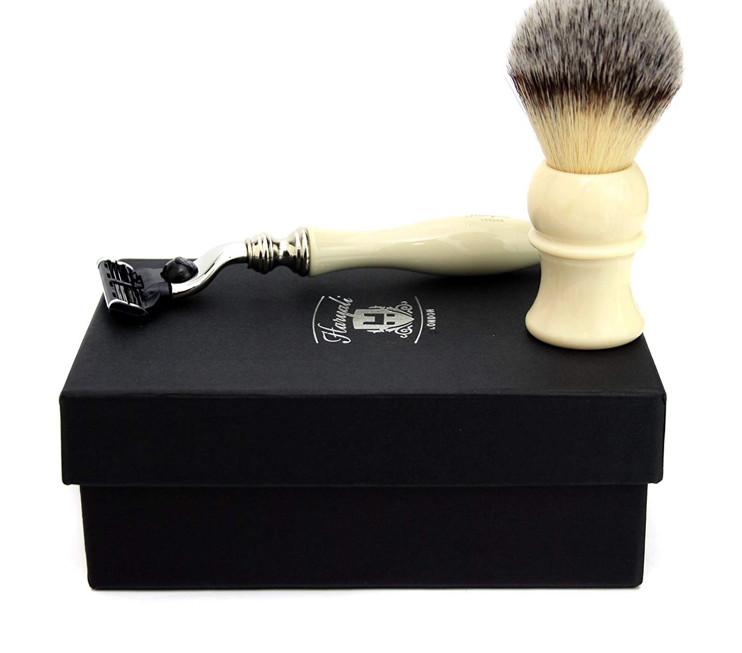 Rasoio e pennello in avorio, set da 2 pezzi con pennello per capelli sintetici e rasoio a cartuccia compatibile Mach 3 – facile manutenzione! Rasatura profonda e accurata per ogni gentleman