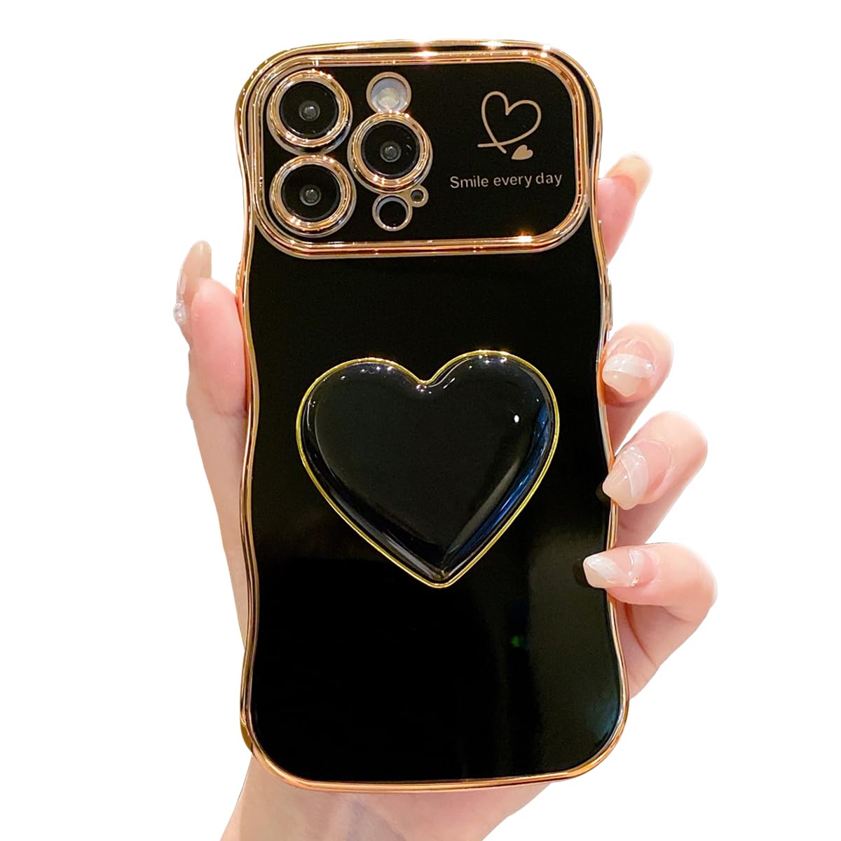 Compatible with iPhone 16 Pro Heart Holder case, Cute Wave Frame