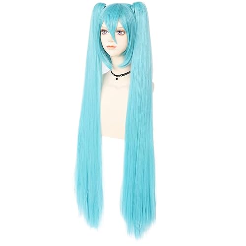Miniatura 3 de JoneTing Peluca larga azul + gorra de peluca peluca de cosplay azul con colas de caballo para mujer, pelucas largas y lacias, pelucas de pelo