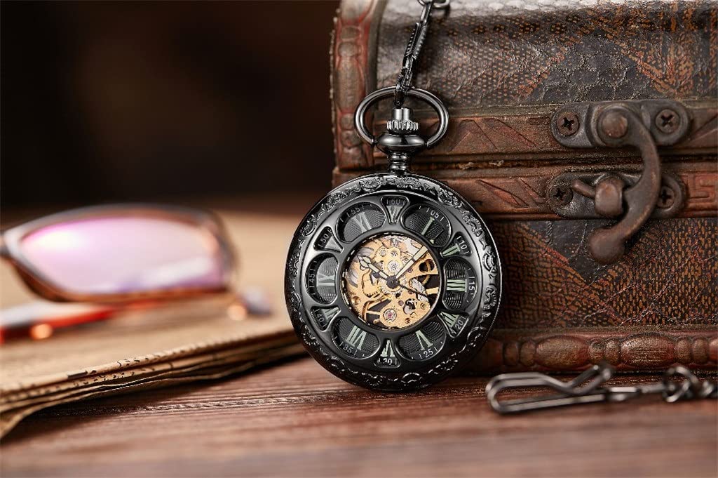 Mechanische Taschenuhr hohl Schwarze Zifferblatt Handwindungskollektion Cwatch Clock/D.
