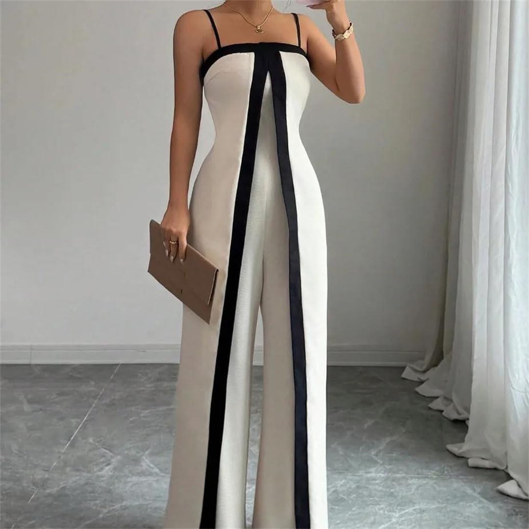 Women Summer Waist-Cinching Slim Fit Color Block Jumpsuit