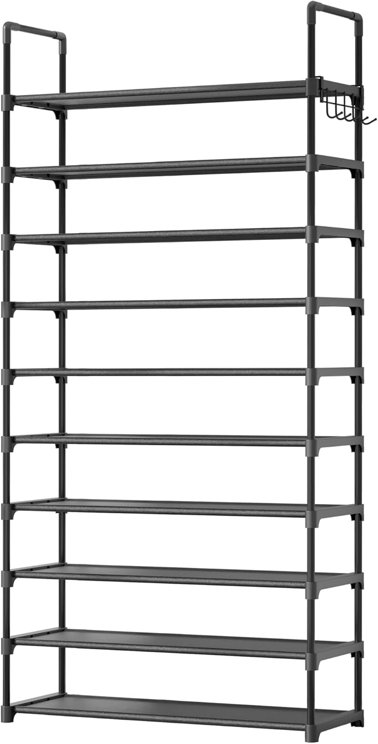 Kitsure Shoe Rack for Closet - 10-Tier Shoe Organizer with Hook Rack, Large-Capacity & Space-Saving Shoe Shelf for Entryway, Bedroom, Living Room,32.2" x 11.8" x 68.5", Black Black 32.2" x 11.8" x 68.5"