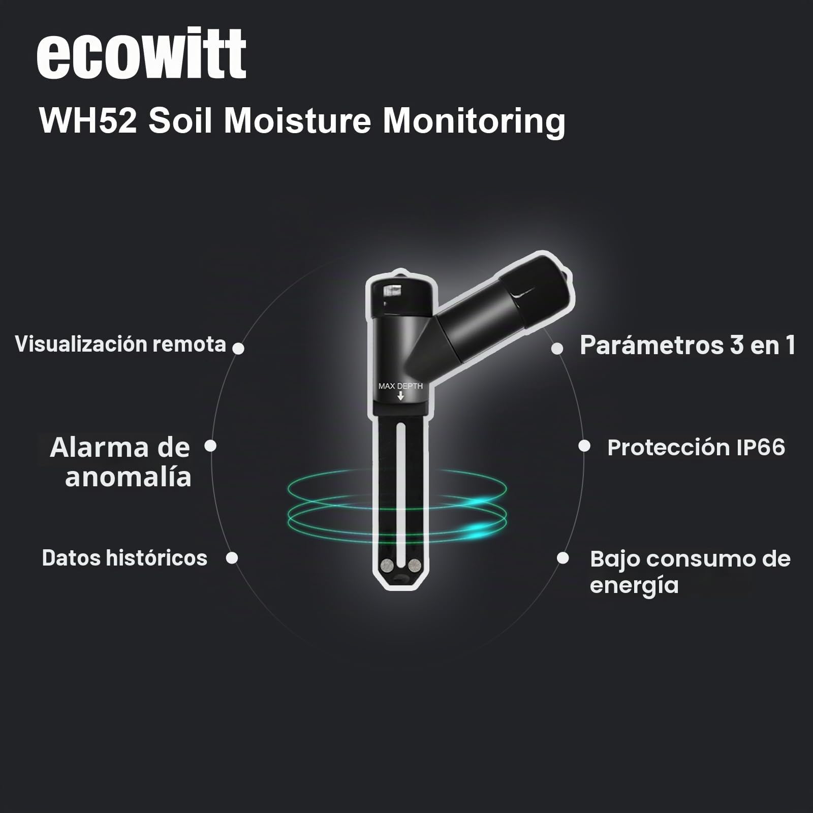 ECOWITT WH52 Sensor de Humedad del Suelo 3 en 1 de 16 Canales + Sensor de EC del Suelo + Medidor de Temperatura, higrómetro para Plantas de Interior/Exterior, Accesorio, Paquete de 4