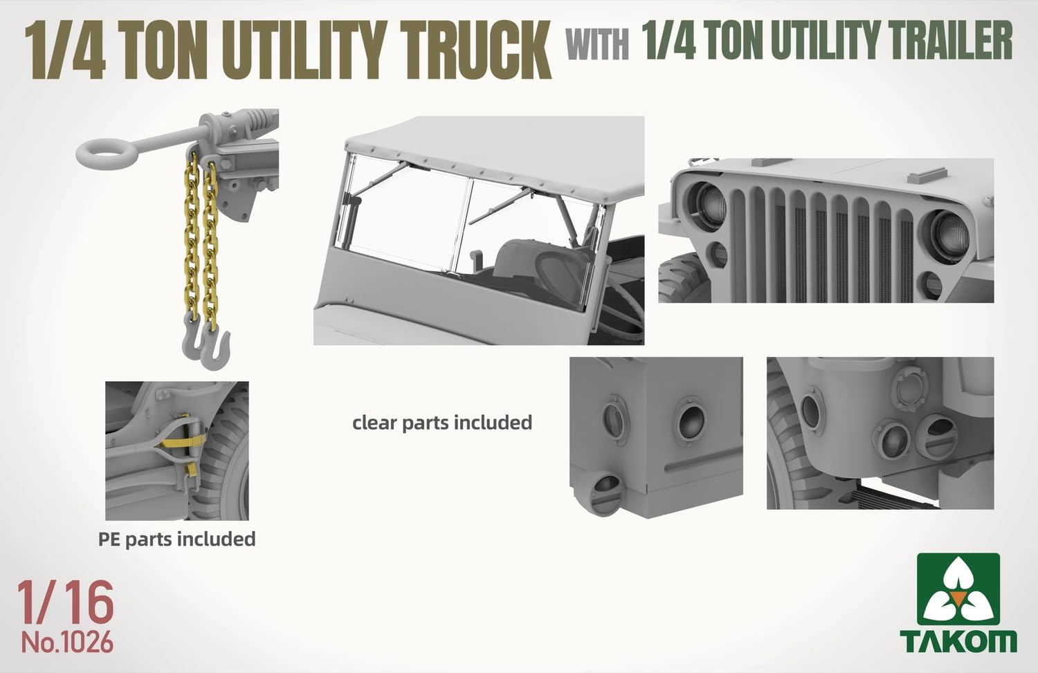 TAKOM TAK1026 1/4 ton Utility Truck z przyczepą - zestaw modelarski 1:16 - amerykański samochód terenowy z figurką kierowcy i częściami PE - niezmontowany