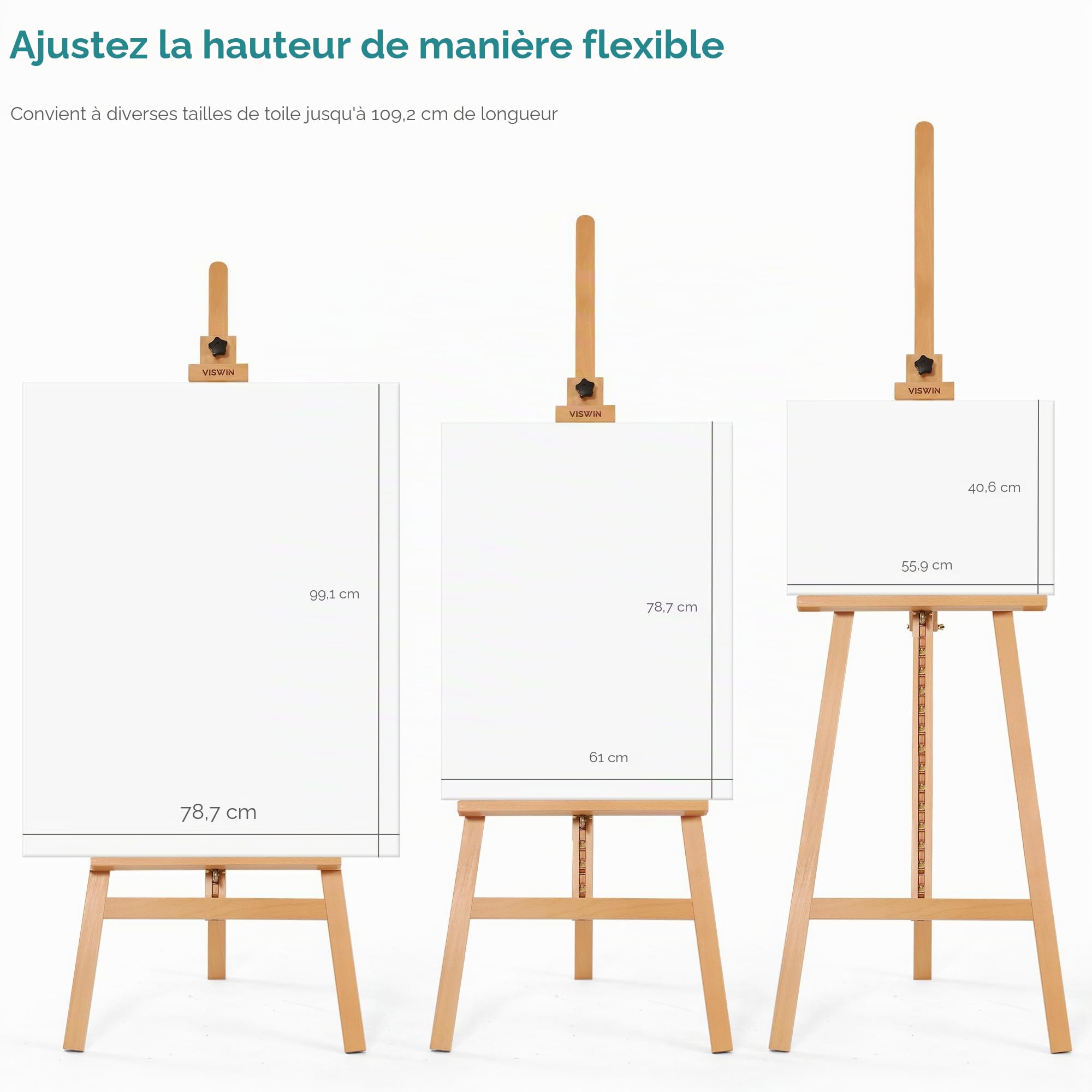 VISWIN Chevalet d'affichage à hauteur réglable de 57" à 76", peut contenir une toile jusqu'à 43", peut contenir 22 lb, support de chevalet en bois facile à assembler pour adultes, débutants