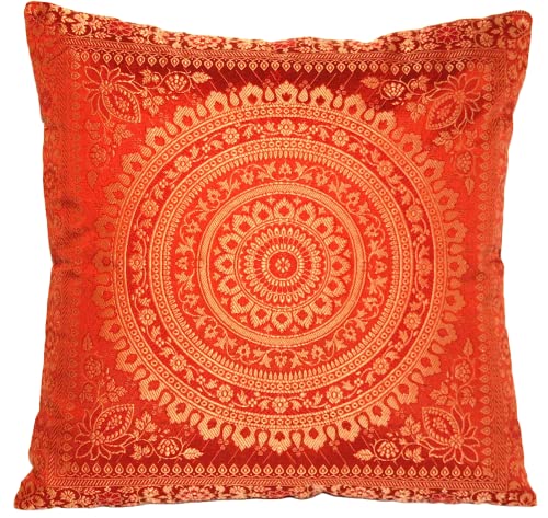 Funda de almohada india Banarasi de seda, decorativa, para sofá, cojín decorativo, cojín decorativo, 40 x 40 cm, tejido a mano y hecho a mano de cachemira-India, (óxido)