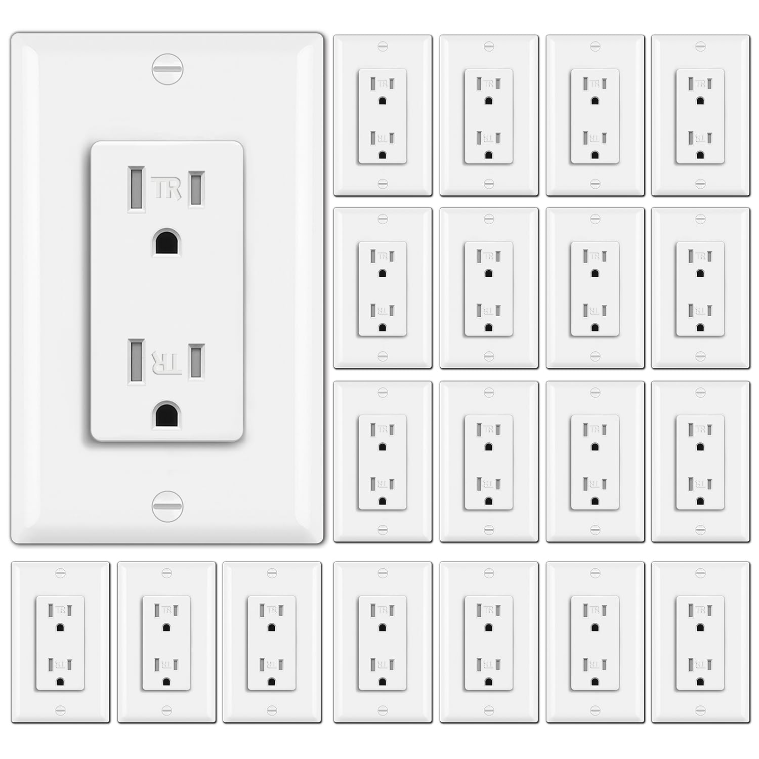BESTTEN 20 Pack 15 Amp Tamper Resistant Decor Receptacle, Standard Electrical Wall Outlet, Residential and Commercial Use, 15A/125V/1875W, Wallplate