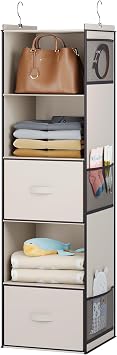 YOUDENOVA Hanging Closet Organizer, Hanging Shelves with Drawers, Beige | Closet Organizers and Storage with 6 side pockets, Foldable Storage for Clothes, Socks, Underwear & More, Breathable Fabric