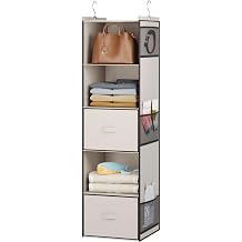 YOUDENOVA Hanging Closet Organizer, 5 Tier Hanging Closet Shelves with 6 Side Pockets and 2 Drawers, Beige