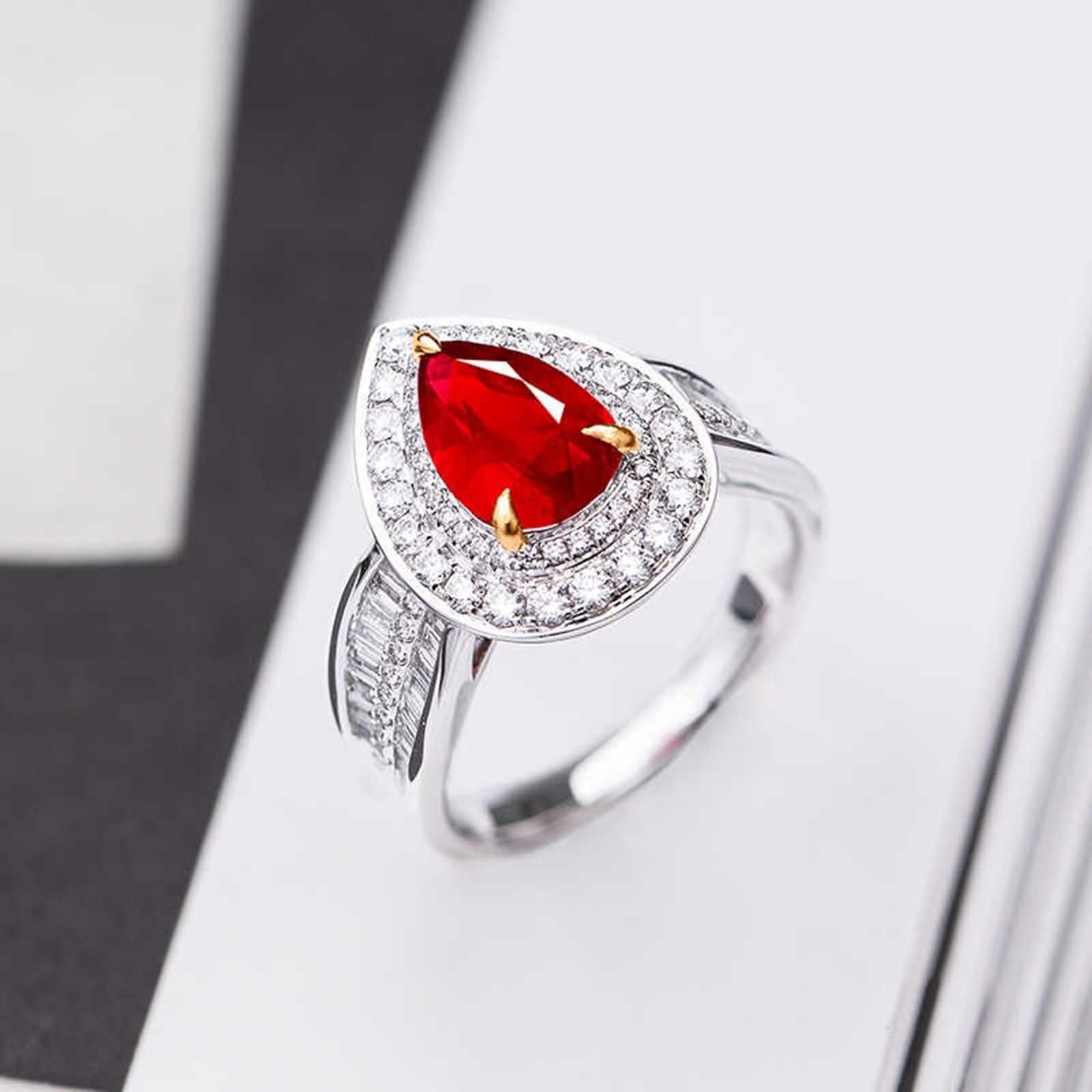 Pierścionek damski, obrączka ślubna, 3 pazury, krople wody, 2,14 ct, syntetyczny rubin, moissanit białe złoto