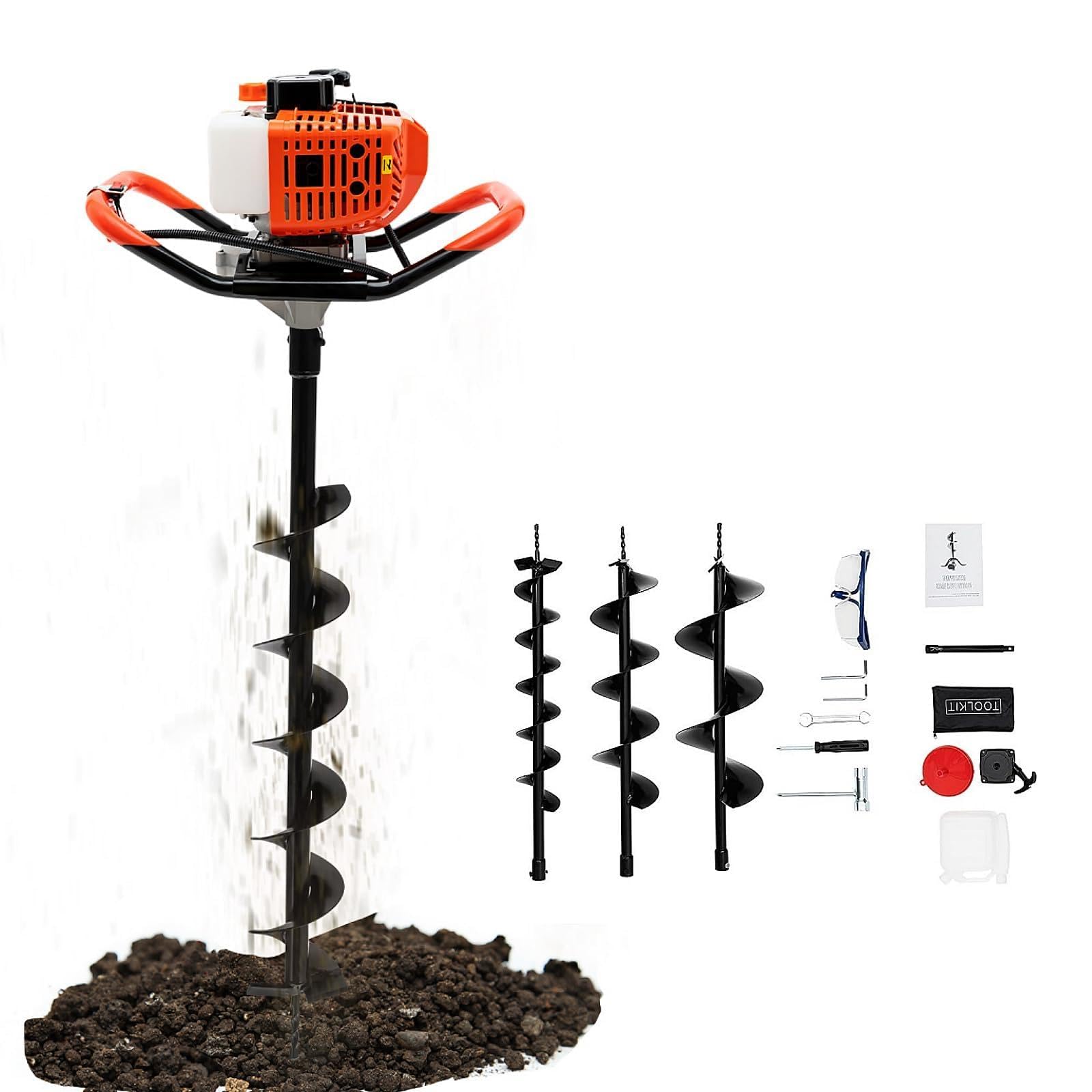 Ahoyadora Gasolina | 52CC 1700W | 2,3CV | 2 Tiempos Motor | 100/150/200mm Broca | 300mm Prolongador | Barrena para Tierra Compactadora De Tierra Ahoyadora Manual Ahoyador para Granja