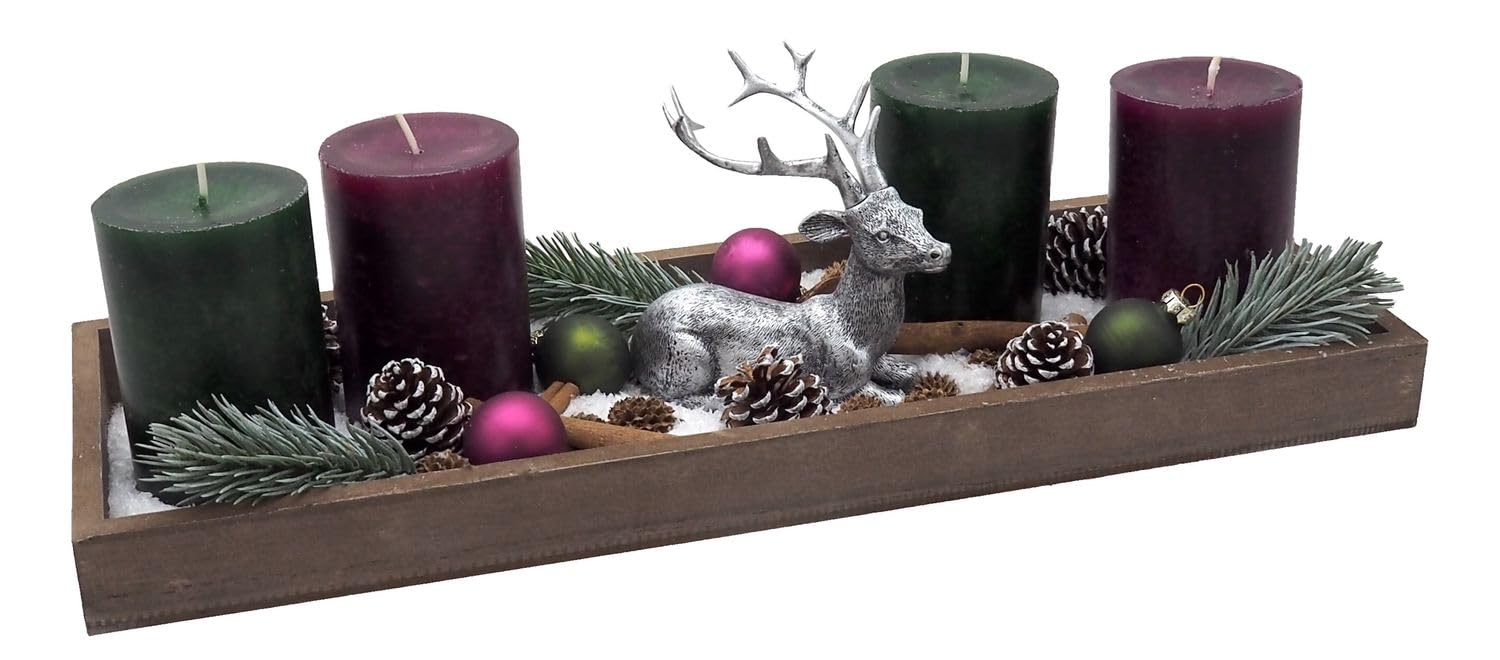 ZauberDeko Adventsgesteck Tablett Braun Kerzen Grün Beere Hirsch Silber Weihnachten Deko