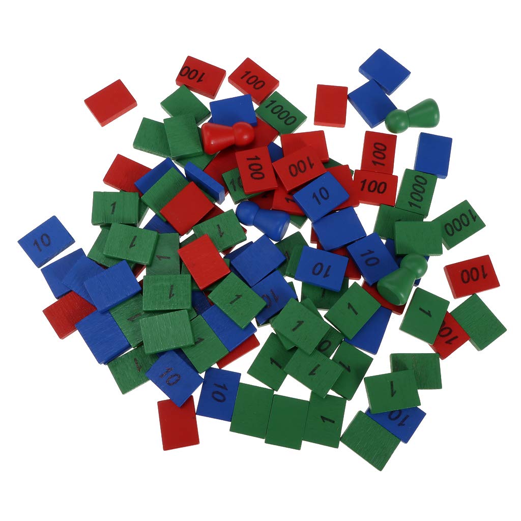 Juego de sellos Montessori de madera, juego de sellos Montessori de 4 piezas y 108 piezas de azulejos de madera etiquetados con 1, 10, 100 y 1000