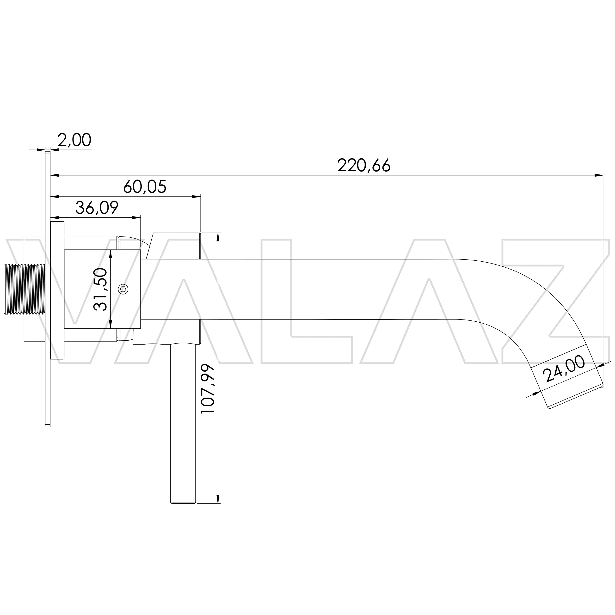VALAZ Robinet Salle Bain Mural | Mitigeur Lavabo, Mélangeur Eau Froide et Chaude, Pas de Fuites, Installation Facile | Laiton, Inoxydable, Élégant, Protection PVD Nikel, Bec 21 cm, Série Jucar
